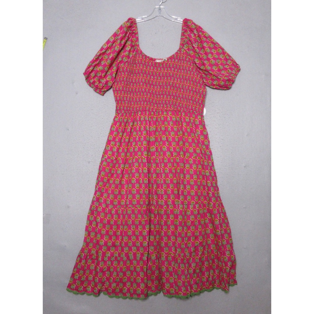 LEA Dress 3X Pink Floral Pineapple Smocked Puff Sleeve Maxi Cotton Pockets NWT